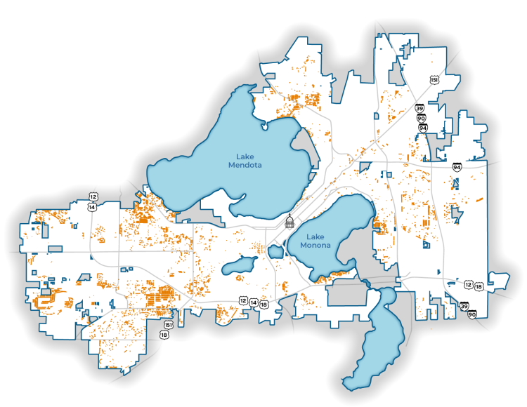 Map showing lots that would be big enough for a backyard lot under the new lot size minimums