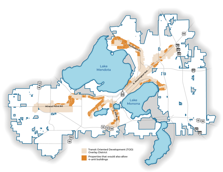 Map showing Madison's Transit Oriented Development overlay district while highlighting residential areas affected by this proposal
