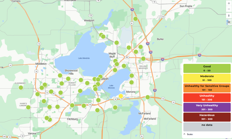 Map showing good air quality rating measurements across Madison