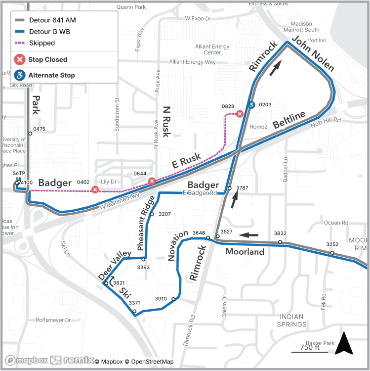 Map showing Route G and 641 detour.