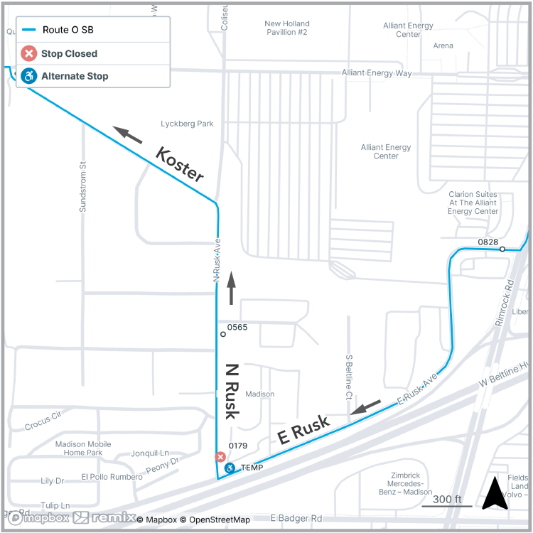 Map showing Route O stop closure.