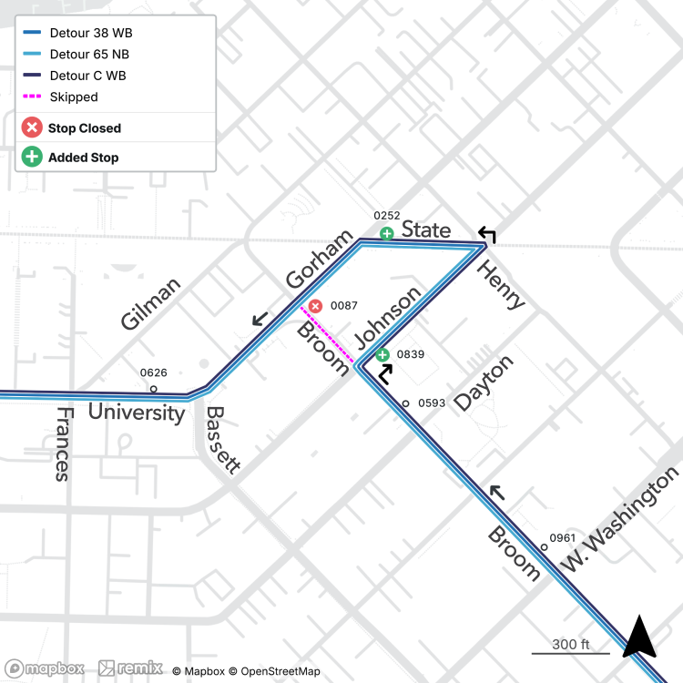 westbound stop 0087 on broom st. near gorham is closed