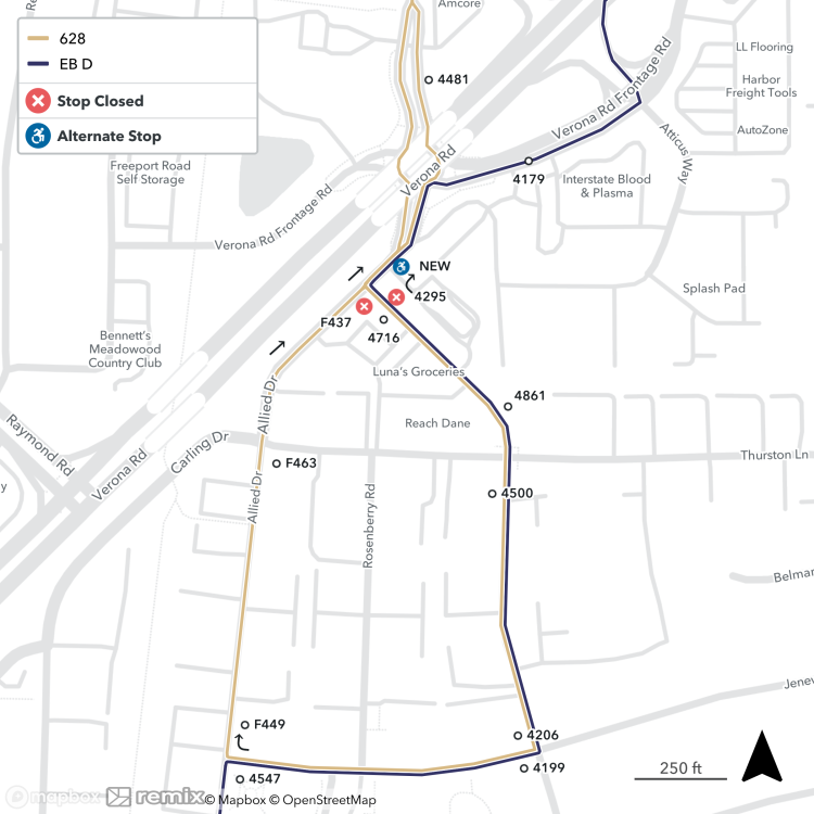 map of new bus stop location on Verona Frontage Rd.