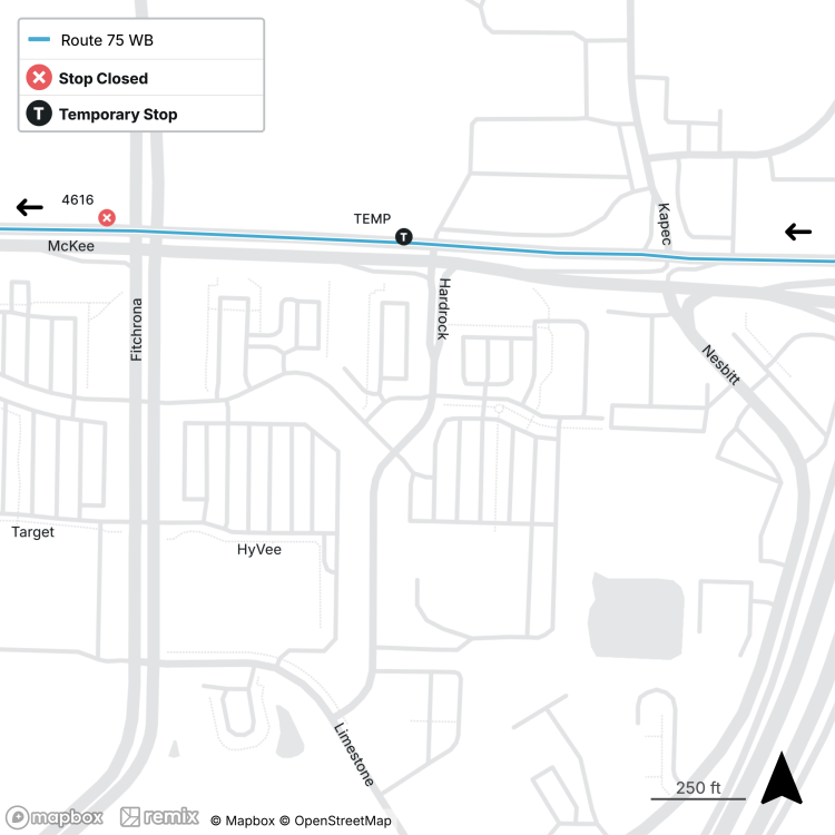 Map of Temporary Stop on McKee for Route 75. 