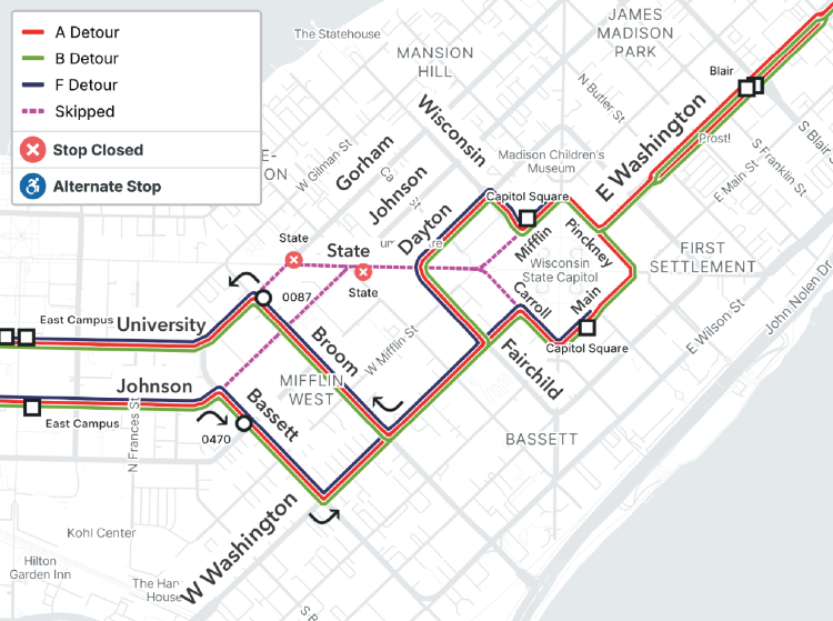route a, b and f detour map