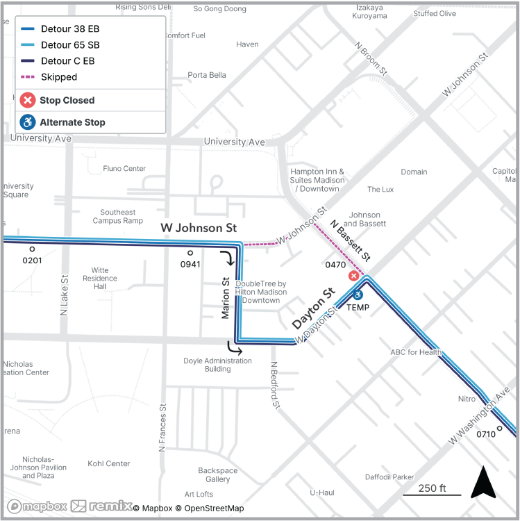 Map showing the detour route for Johnson Street and Bassett Street.