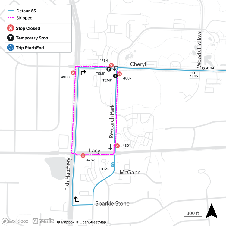 Detour of Route 65 from Lacy Rd. in Fitchburg, WI. 