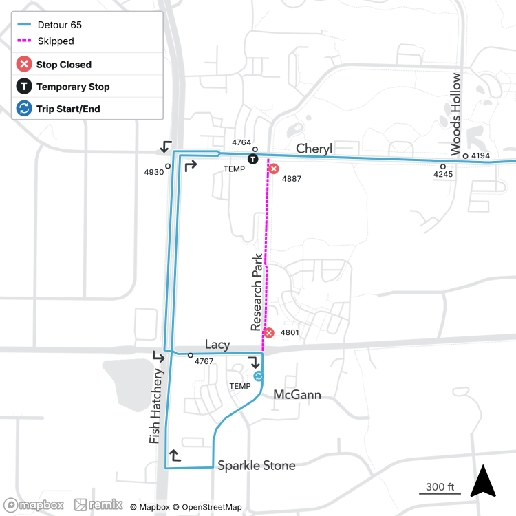 Detour of Route 65 from Research Park in Fitchburg, WI. 