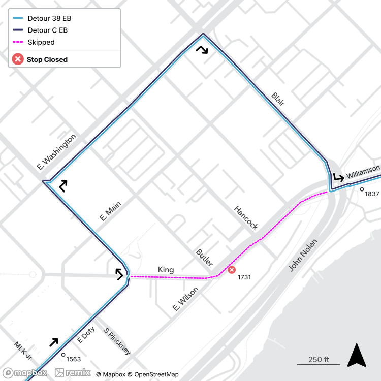 bus stop 1731 on wilson at king st. is closed.