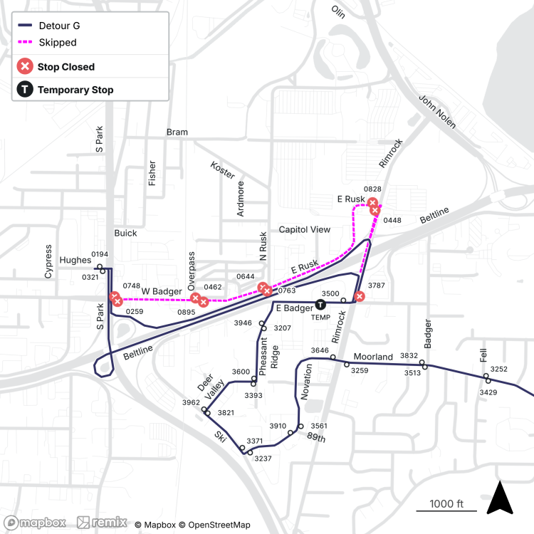 route g detours off e. rusk and part of rimrock rd.