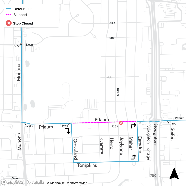 eastbound stop on pflaum at turner is closed
