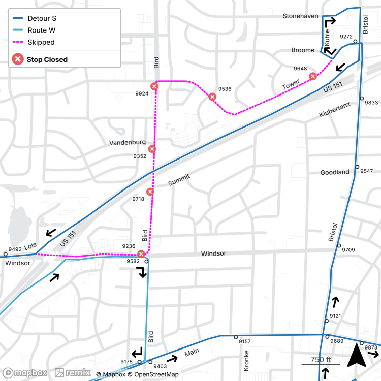 Detour map of Route S. 