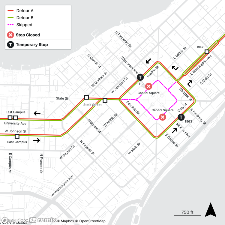 routes a and b detouring one block off the square