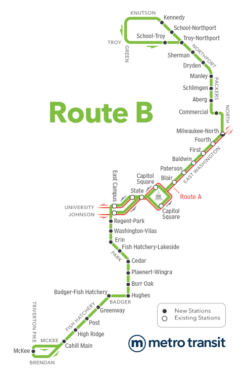 Rapid Route B map and bus stops.
