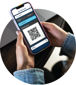 Female holding a mobile device displaying the Metro Transit Fast Fares app with a QR code.