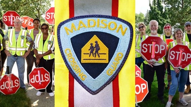 Crossing Guard Patch with images of crossing guard staff in yellow reflective vests and holding red portable Stop signs