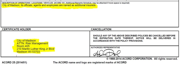 example language for Certificate of Insurance document