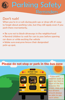 "Parking Safety" messaging, lots of text, yellow cartoon school bus