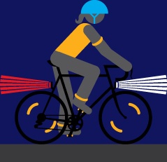 cartoon of person on bicycle wearing a helmet, operating at night with rear reflector and head light