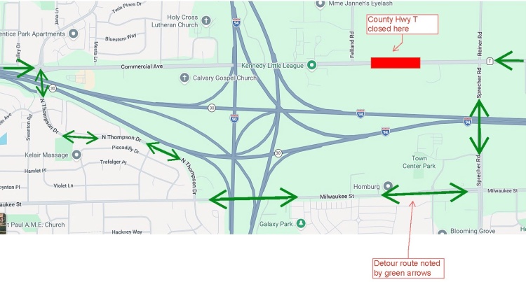 Map of HWY T closure showing detour routes (details in news release text)