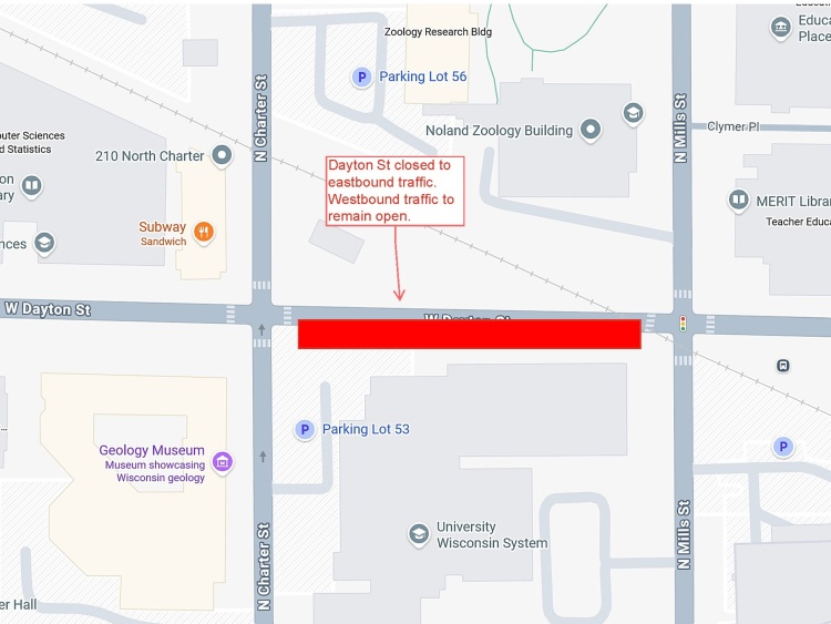Eastbound closure of W Dayton Street between N Mills and N Charter Streets until March 2027