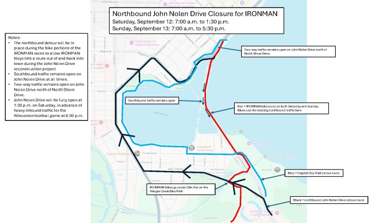 Northbound John Nolen Drive closure for Ironman races occurring September 12 - 13