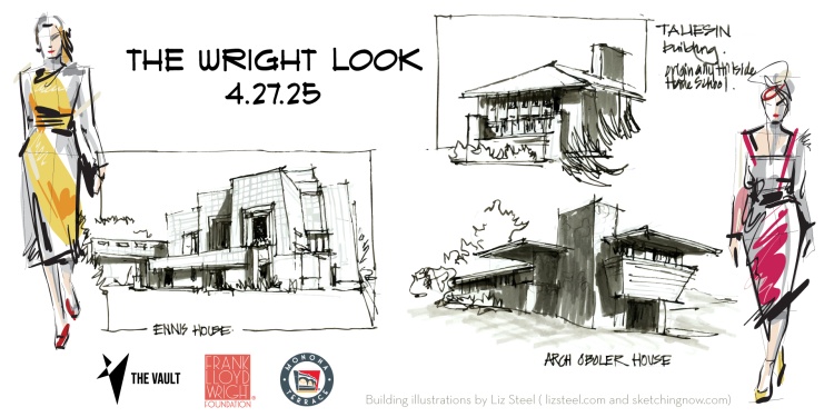 A photo of building illustrations of Frank Lloyd Wright designs and sketches of models wearing a yellow and pink dresses