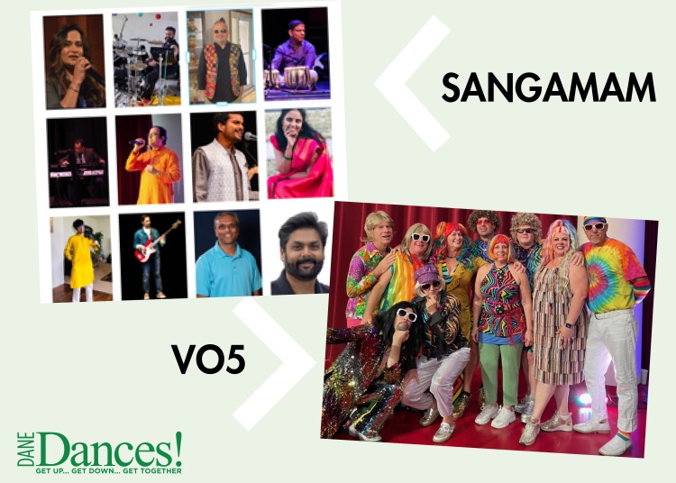 2 different band photos: #1 - 12 tiles featuring individual band members in traditional Indian clothing, #2 - 10 band members in tie-dye 70s wear and wigs