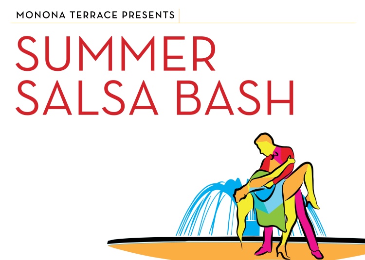 Colorful illustration of male & female couple salsa dancing in front of a fountain