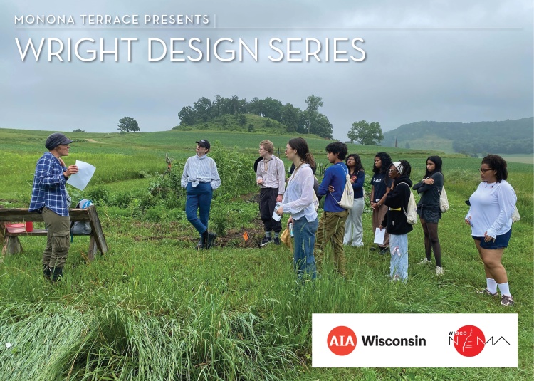 A teacher talking to 9 high school students in the middle of a field