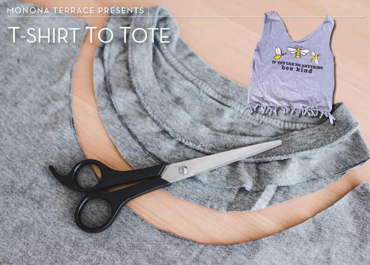 Collar cut off of t-shirt, scissors lying on top of pieces of fabric