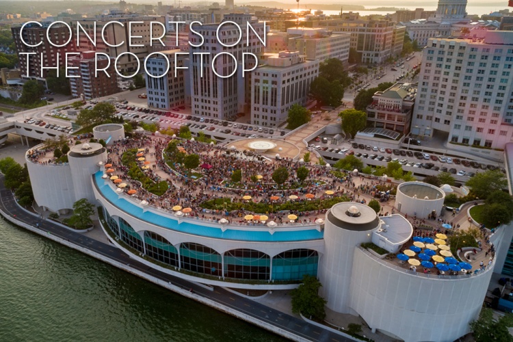 Monona Terrace's beautiful rooftop with happy concert attendees
