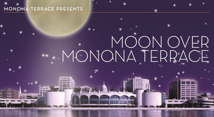 The night sky and moon over monona terrace community and convention center