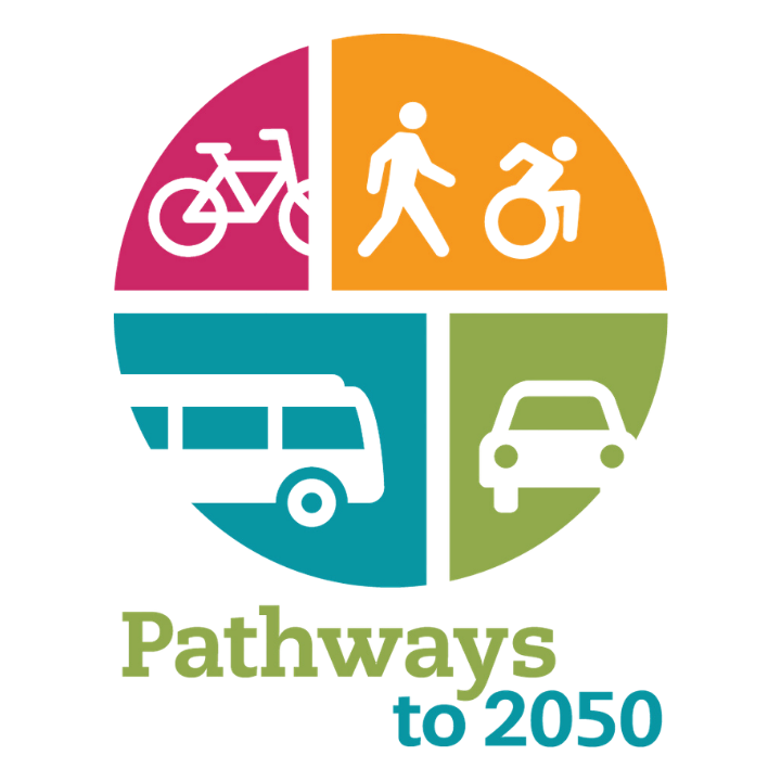 Pathways to 2050 logo featuring a four-color circle with bike, walk/roll, bus, and car icons.