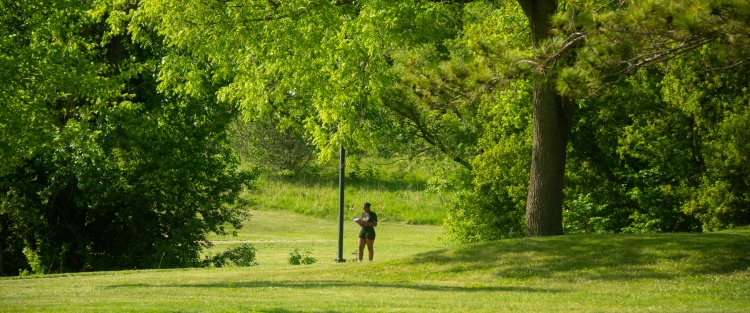 A hiker in a Madison park surrounded by trees 