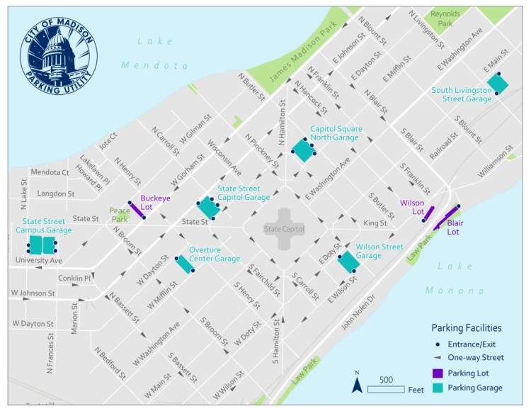map showing City-owned parking garages in downtown Madison.