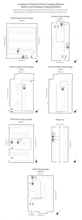 Map of City-operated garages where Electric Vehicle Charging Stations (EVCS) are located.