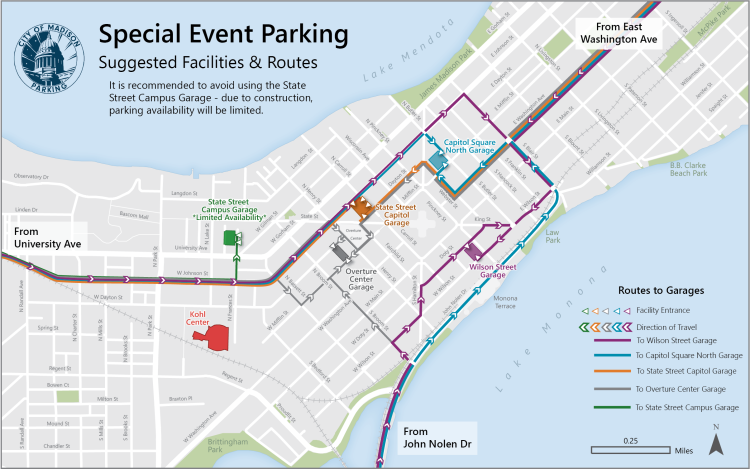 Map of Madison isthmus showing City-owned parking facilities and routes to follow marked with blue, orange, green, gray and purple. 