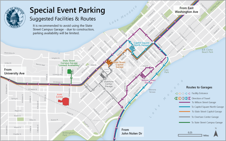 Event Map showing City-owned parking facilities on the isthmus. 