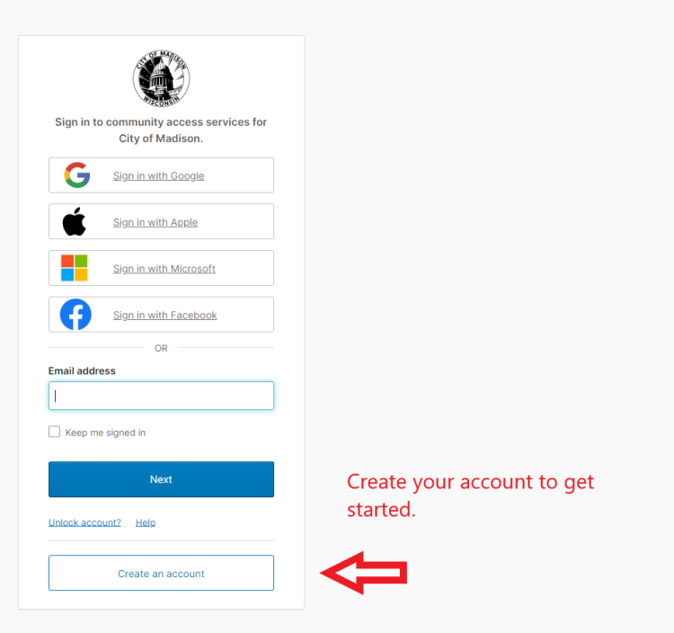 Click the "Create an Account" button to proceed