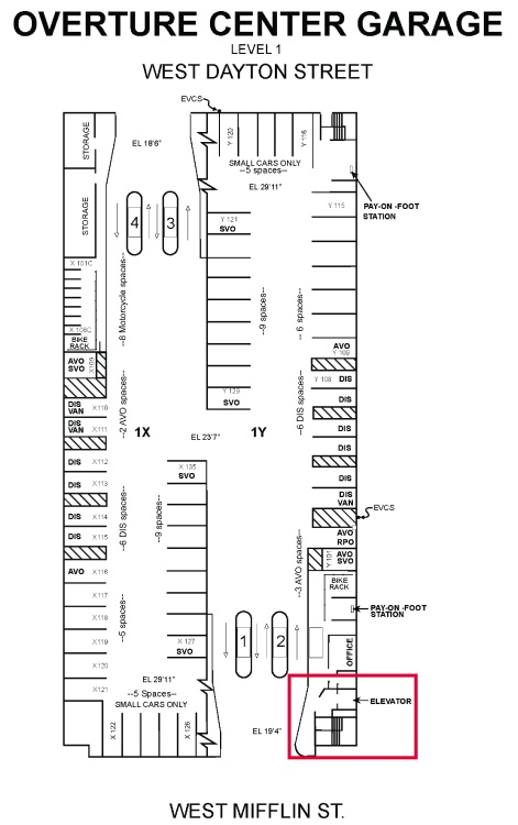 first floor map of Overture Center Garage emphasizing elevator location in lower right