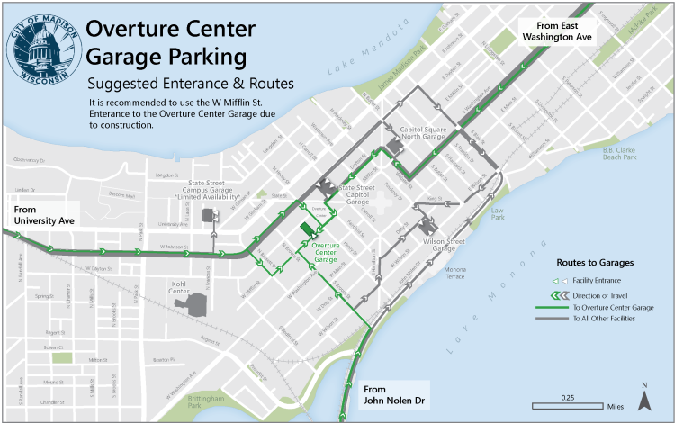 routing information from around the isthmus to the Overture Center Garage entrance on W. Mifflin St.