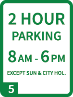 Residential Parking sign with green text saying "2hr parking, 8am - 6pm, except sun and City hol., area 5"