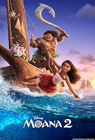Moana and the demigod Maui are riding a boat in the ocean at sunset.