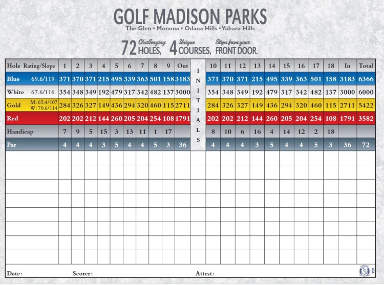 Monona Golf Course score card