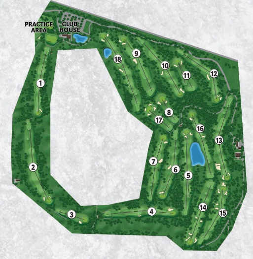Yahara Hills Golf Course - East Course Map. There are 18 holes, the Club House, a Practice Area, and several ponds. Holes 1, 2, 3, and 4 wrap around the West course to the west. All other courses are to the east. The club house is on the north end of the course.