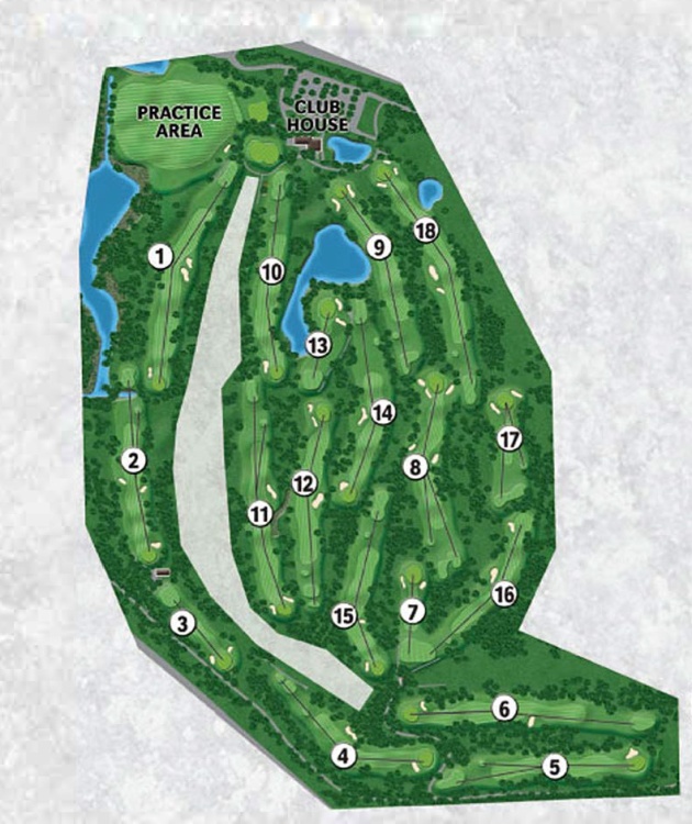 Yahara Hills Golf Course - West Course Map. There are 18 holes, the Club House, a Practice Area, and several ponds. The club house is on the north end of the course.