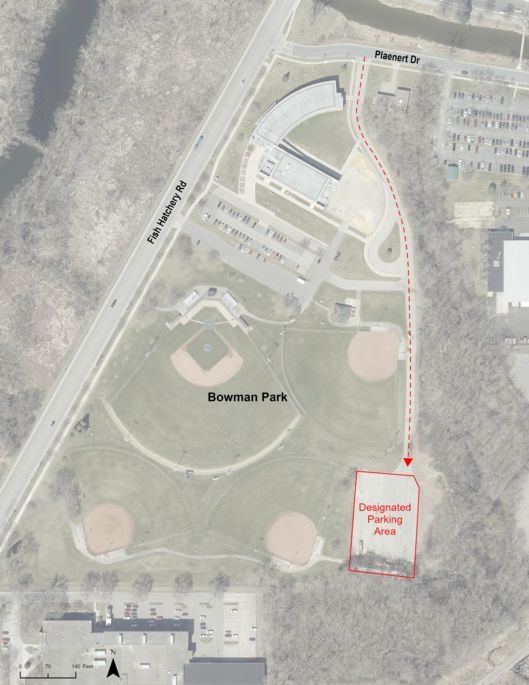 Map of bus parking area at Bowman Park. Turn South off Plaenert Drive, and follow the road to the back parking lot.