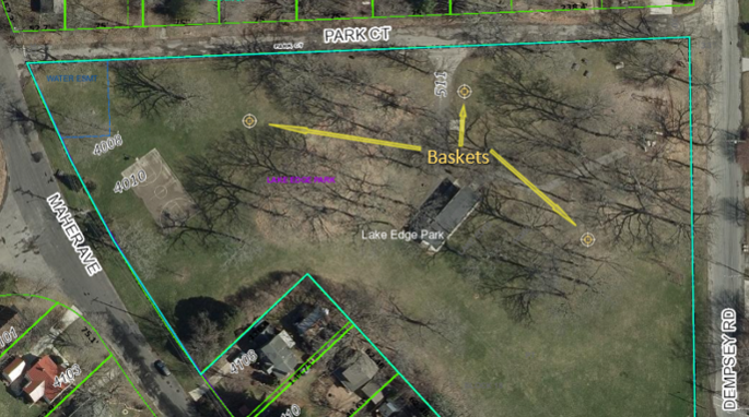 Locations of disc golf baskets at Lake Edge Park.