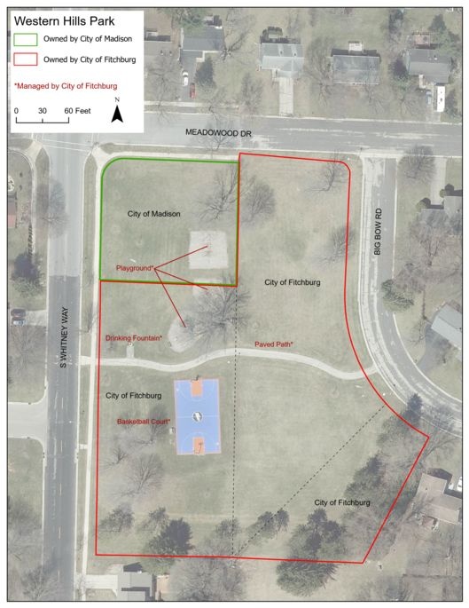 Map of the park with borders designating municipal ownership. Madison owns the north west corner. Fitchburg owns the remainder of the park, including the playground, drinking fountain, paved path, and basketball court.